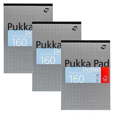 Image of Pukka Pad, A4 Dotted Refill Metallic Notepad for Graphing, Art, Bullet Journaling 3 Pack 29.7 x 21cm Tape Bound Notebook with 80GSM Paper, 4 Hole Margins and Perforation 160 Pages, Silver
