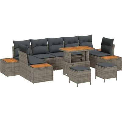 Image of vidaXL 10 Piece Garden Sofa Set with Cushions Grey Poly Rattan Acacia
