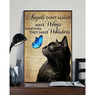 Image of Aoevc Angel Don&#039;t Always Have Wings Sometimes They Whiskers Black Cat Poster Vintage metal tin sign Bar Pub Club Cafe Home Wall Decor 8x12 Inch