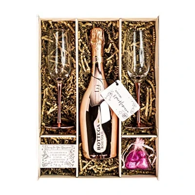Image of Bottega Rose Gold Sparkling Wine 75cl Gift Set Hamper With 2 Metallic Pink Champagne Flutes, Chocolates And Box Anniversary, Thank You For Her &amp; Him (Metallic Stems)