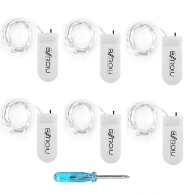Image of BXROIU Fairy Lights CR2032 Battery Operated,[6 Pack] 2 Meter 20LEDs Micro Silver Wire String Chains for Bedroom Christmas Party Wedding Decoration (Cool White)