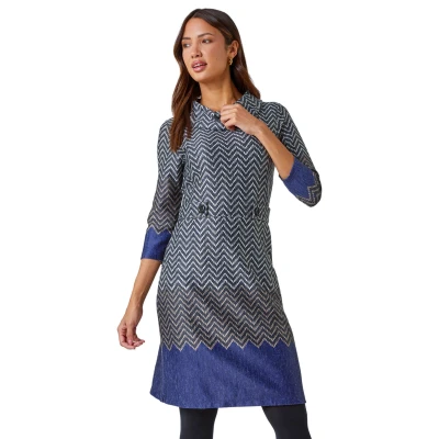 Image of Roman Originals Cowl Neck Dress for Women UK Ladies Button Detail Shift Work Office Autumn Winter Knee Length Casual 3/4 Full Sleeve Round High Warm Neckline Navy Grey Size 18