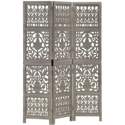 Image of &quot;vidaXL 3 Panel Room Divider in Grey, Hand Carved from Solid Mango Wood, Versatile for Bedroom or Living Room, Attractive Design with Easy Assembly 120x165 cm&quot;