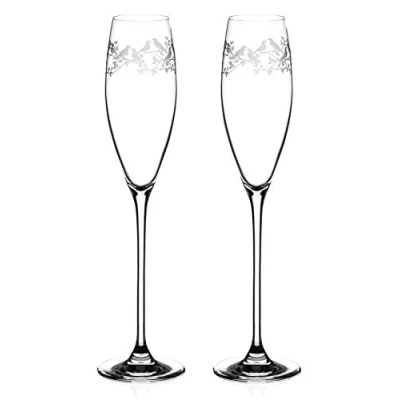 Image of DIAMANTE Champagne Flutes Crystal Prosecco Glasses Pair with ‘Birdsong’ Collection Delicate Filigree Etched Design Set of 2