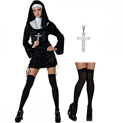 Image of A2ZFD Naughty Nun Sexy Ladies Halloween Hen Fancy Dress COSTUME + BLACK STOCKINGS CROSS M (UK: 14 16)