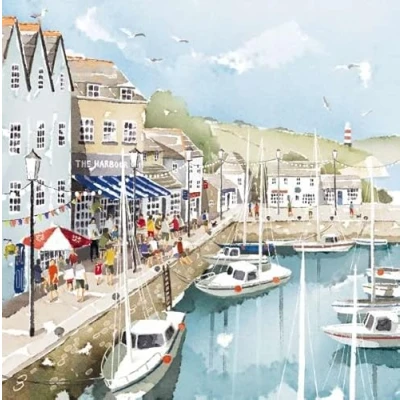 Image of Noel Tatt Artistic Blank Greetings Card Harbour View From The Showcase Range For Him/For Her Suitable Birthdays And Other Occasions, Blue White Brown Red, 159 x 159mm
