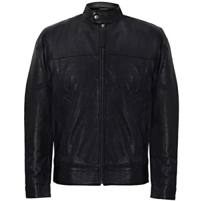 Image of Men&#039;s Smart Black Real Soft Genuine Leather Classic Collar Harrington Jacket 4XL