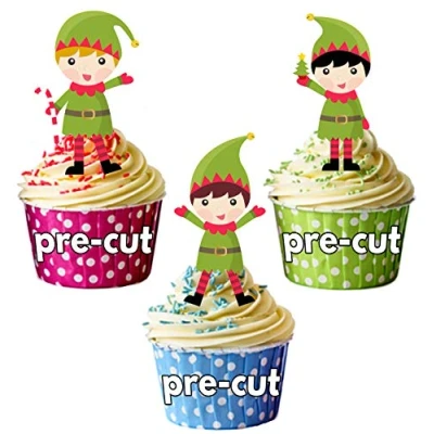 Image of AK Giftshop PRE CUT Christmas Green Elf Mix Edible Cupcake Toppers/Cake Decorations (Pack of 12)