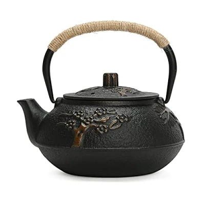 Image of Wonfly Japanese Tetsubin Cast Iron Teapot, Bamboo Pattern Tea Kettle with Stainless Steel Infuser (Wave 0.9L) (Black)