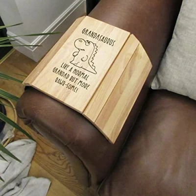 Image of eBuyGB Grandasaurus Sofa Tray, Wooden Dinosaur Flexible Arm Grandad Birthday Gift, Present for Grandfather