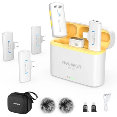 Image of NEEWER Wireless Lavalier Microphone System for iPhone USB C Mini Clip on Lapel Mic with 2x Transmitter/4x Receiver/OTG Adapter 200m Long Range Compatible Android Phone Tablet PC, White, KM20