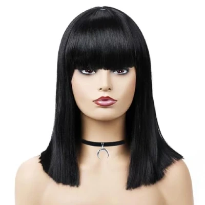 Image of SKHAOVS Straight Black Wigs with Hair Bangs Bob Flat Short Synthetic Cosplay Party Wig Fancy Dress Halloween Girl Colorful Shoulder Length (Black)