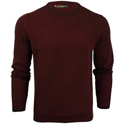 Image of Ben Sherman Mens Crew Neck Tipped Cotton Knitted Jumper 48585 Wine
