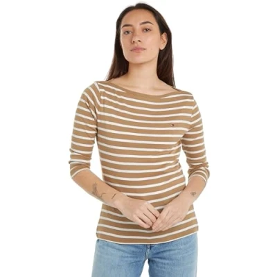 Image of Tommy Hilfiger Women Long Sleeve T Shirt Slim Boat Neck, Multicolor (Breton STP/C Khaki/Ecru), XXS