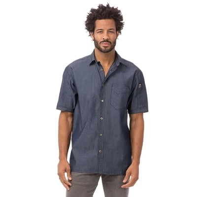Image of Chef Works B074 XL Detroit Denim Short Sleeve Shirt, X Large, Blue