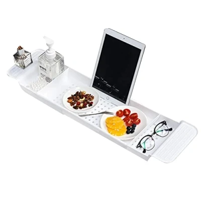 Image of Pomurom Extendable Bath Tub Rack, Bathtub Caddy Tray over Bath, Adjustable Pla stic, Board for Candle Wine Glass Book Phone Tablet Holder, Bathroom Accessory Trays