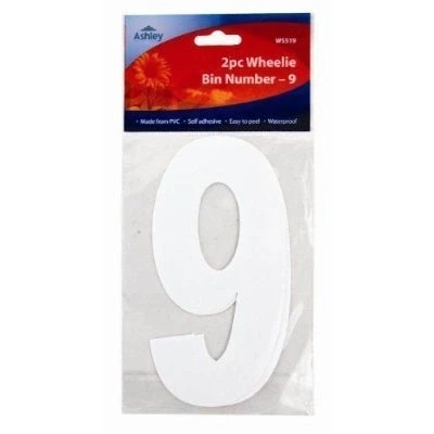 Image of White Self Adhesive Wheelie bin Numbers 17cm 2/Pk 9 (WS519) / Dust Dustbin Number Stickers