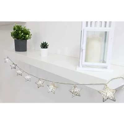 Image of Christmas Concepts® 10 Silver Metal Star Lights with White LED 1.5m Length Battery Operated