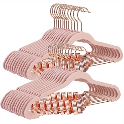 Image of SONGMICS Set of 24 Velvet Hangers, Trouser Hangers for Clothes with Movable Clips and Rose Gold Hook, Non Slip, Space Saving, 42 cm Long, Skirts, Dresses, Light Pink CRF14PK24