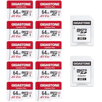 Image of [Gigastone] 64GB 10 Pack Micro SD Card, Camera Plus, MicroSDXC Memory Card for Wyze, Video Camera, Security Smartphone, Fire Tablet, 4K Recording, UHS I U3 A1 V30, 95MB/s, with Adapter