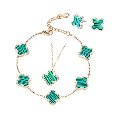 Image of TOFBS Four Leaf Clover Jewellery Set for Women Girls 18K Rose Gold Plated Stainless Steel Double sided Green Black Pendant Necklace Stud Earrings Bracelet (Green)