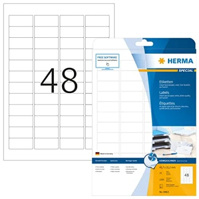 Image of HERMA Self Adhesive Multipurpose Inkjet Labels, 48 Labels per A4 Sheet, 25 Sheets, 45.7 x 21.2 mm, 1200 Blank Universal Stickers, Sticky for Printer, White