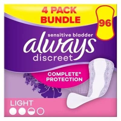 Image of Always Discreet Incontinence Panty Liners for Women, Normal 96 (24 x 4 Packs) Saving Pack, Complete Protection, Bladder Leak, Thin and Discreet, Odour Neutraliser