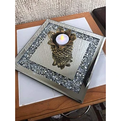 Image of Biznest Square Diamante Mirrored Crystal Candle Plate Holder Loose Jewel An Elegant Addition 25Cm