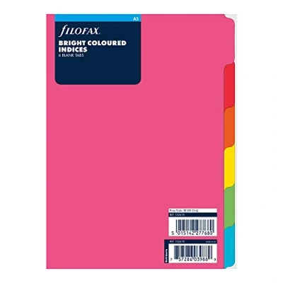 Image of Filofax B1326186, 6 tab Index Organizer Refill, A5 Size, Bright Colors, Blank (B132618)