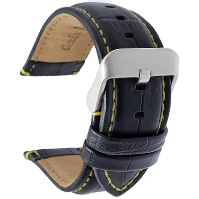 Image of Talk Time Black Genuine Leather Alligator Grain Watch Strap With Yellow Stitching 24mm