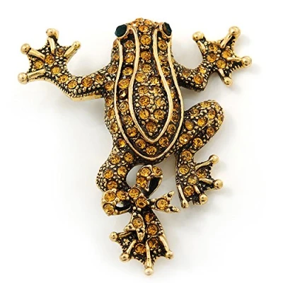 Image of Avalaya Gold Plated Citrine Crystal &#039;Frog with Bow&#039; Brooch 50mm Length
