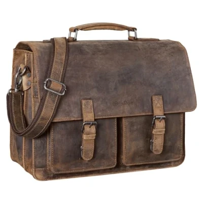 Image of STILORD &#039;Clarence&#039; Leather Business Briefcase A4 Vintage Shoulder Bag 15.6 Inch Large Satchel Trolley Attachable, Colour:Calais Brown