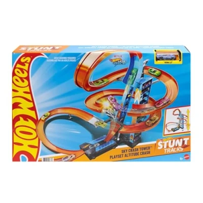 Image of Hot Wheels Sky Crash Tower Track Set, 2.5+ ft / 83 cm High with Motorized Booster, Orange &amp; 1 Vehicle, Race Multiple Cars, Gift for Kids 5 to 10 Years Old Up, GWT39