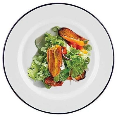 Image of Premium Quality Traditional Enamel White Blue Trim Rice Plate, Pasta Bowl, Dinner Round Pie Soup Mixing Deep Dish Tableware Crockery (Dinner Plate 20cm)