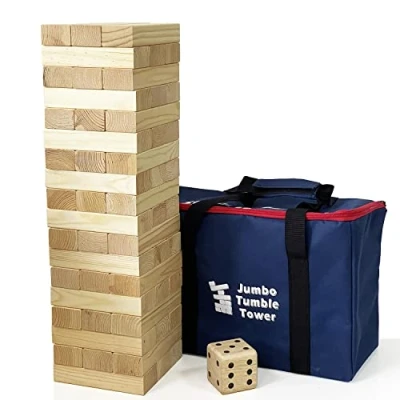 Image of JacJoe All Pro Jumbo Wooden Tumble Tower Game with Dice and Carrying Bag, Classic Stacking Games 54 Pcs Building Blocks for Indoor/Outdoor (stack 60cm up to 150cm)