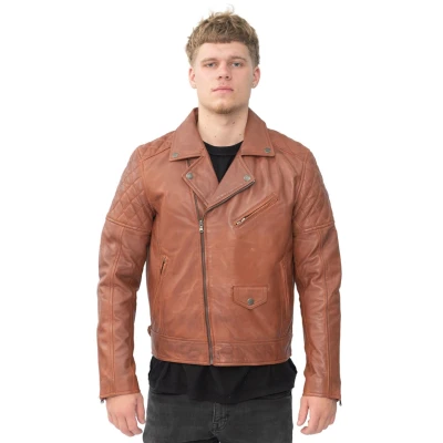 Image of Mens Cross Zip Tan Brown Leather Retro Quilted Biker Jacket