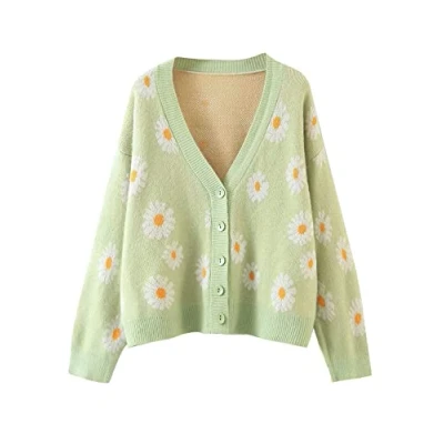 Image of N /D Women Daisy Floral Print Knit Cardigan V Neck Long Sleeve Sweater Open Front Button 90s Outerwear Coat (Light Green, One Size)