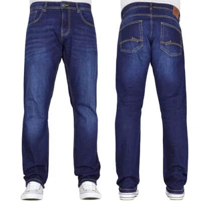 Image of Mens Crosshatch Straight Leg Stretch Classic Regular Fit Essentials Denim Jeans by JEANBASE Dark Wash 28W X 32L
