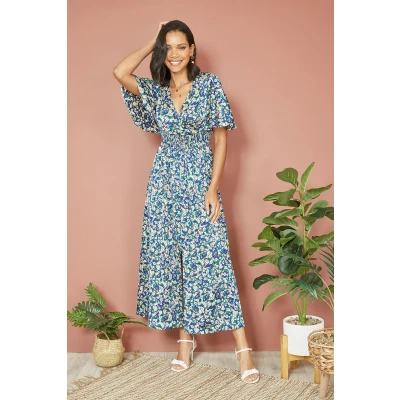 Image of Yumi Blue Satin Ditsy Print Wrap Maxi Dress 16 Multi