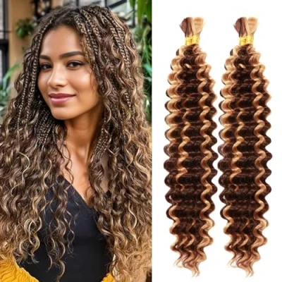 Image of 18 Inch Synthetic Boho Hair for Braiding, 200g Braids Bulk No Weft Wet and Wavy Curly Deep Wave Bohemian Extensions Black Women (P4/27#, Inch(50g/Bundle x4))