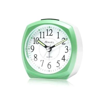 Image of Ravel Midsize Small Two Toned Pastille Alarm Clock with Snooze and Light Analogue Quartz RC047.11 White/Green