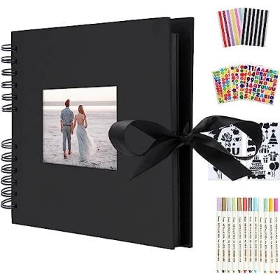 Image of AIOR Photo Albums Scrapbook Memory Books 80 Black Pages, Large Vintage DIY Scrapbooking, Wedding Engagement Anniversary Birthday Gifts, Girls Boys Children Presents (Black)