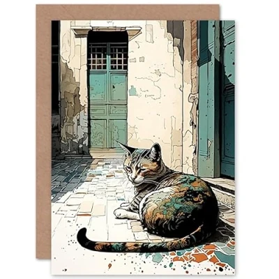 Image of Artery8 Street Cat Sunbathing on Cobblestone Modern Illustration Art Birthday Sealed Greeting Card Plus Envelope Blank inside