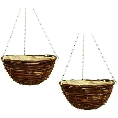Image of 36cm 14Inch Dark Brown Wicker Hanging Basket Lined Rattan Willow Planter