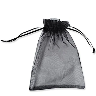 Image of 100 Pcs 25x35cm (9.8x13.8 inch) Transparent Organza Drawstring Bags, PLECUPE Pearl Jewelry Pouches Net Yarn Chiffon Wrapping Bags Ribbon Beam Pockets for Wedding Candy Packag Black