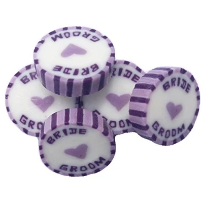 Image of 100 x Lilac &amp; Purple Wedding Favour Wrapped Sweets with Bride and Groom. Summer Fruits Flavour
