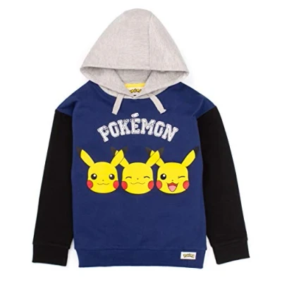 Image of Pokemon Hoodie For Boys Kids Pikachu Face Blue Grey Hooded Sweater Childrens Gamer Clothing Gift Merchandise 7 8 Years