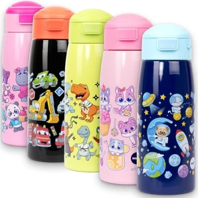 Image of Fringoo Kids Water Bottle with Straw 350ml Stainless Steel Bottle,Insulated Double Wall, 100% Leak Proof and Lockable, Carry Handle, 12hr temp control, Pink cute animals design