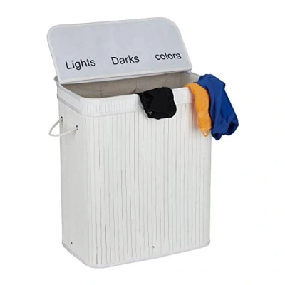 Image of Relaxdays Bamboo Laundry, Clothes Container, 3 Compartments, Folding, Rectangular Basket, 63 x 55 35cm, White
