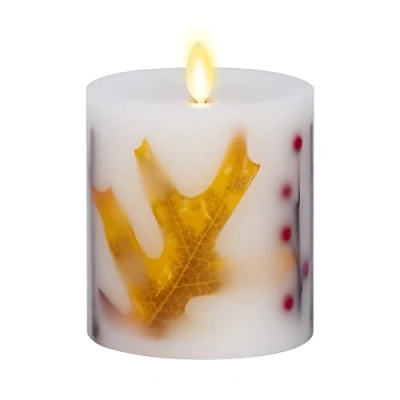 Image of Luminara Flameless LED Candle Orange Leaf Embedded Real Wax Moving Flame Pillar Unscented with Recessed Edge, Timer (3.5 x 4.5 inch),Orange,red